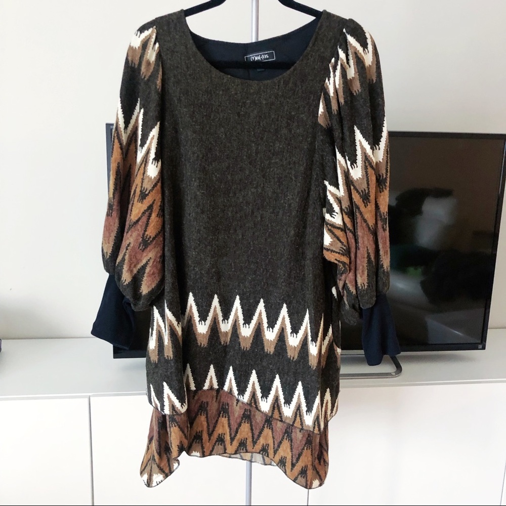 Minkas Brown ZigZag Print Long Sleeve Knit Dress Tunic
